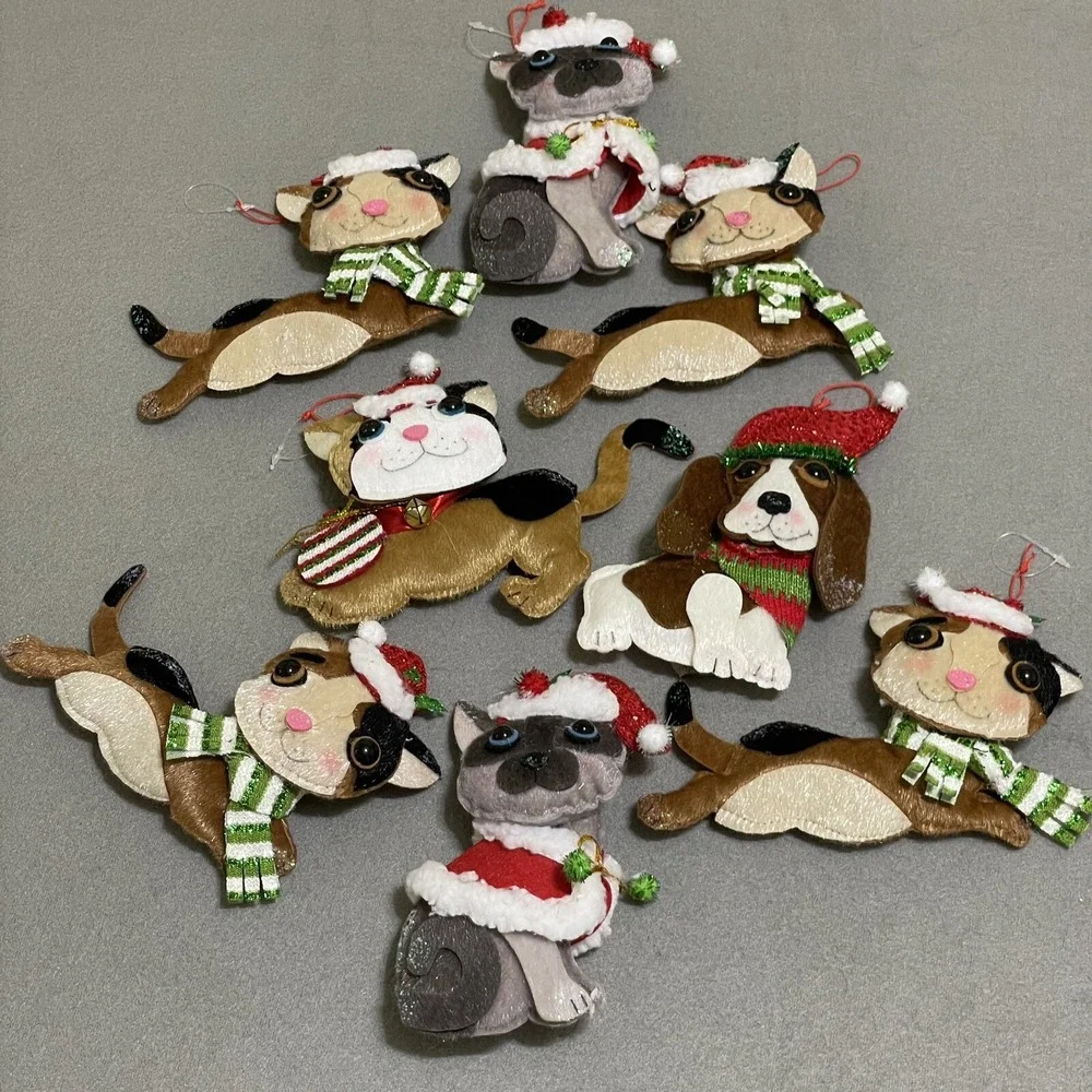 Cat Dog Christmas Ornaments 3D Felt‎ Textured Embellished Stuffed Multicolor 8